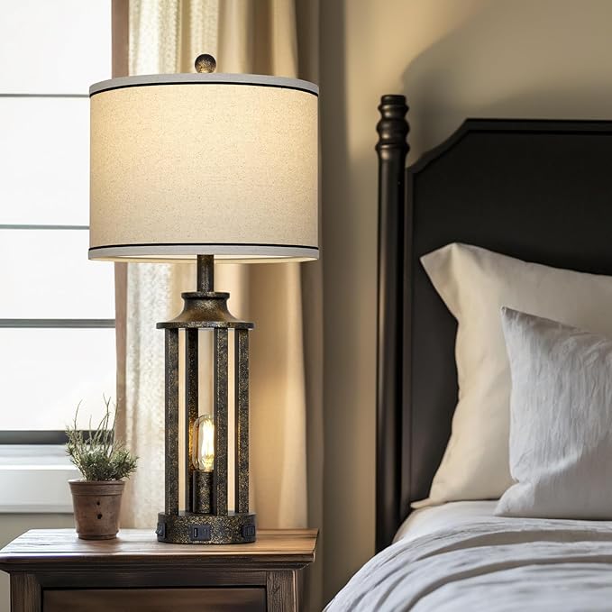 27.5" Bronze Farmhouse Table Lamps for Living Room, Tall Vintage Lamps Set of 2 with USB A+C Charging Port & AC Outlet, Rustic Bedside Lamp with Night Light, Bedroom Lamp for Nightstand Side End Table
