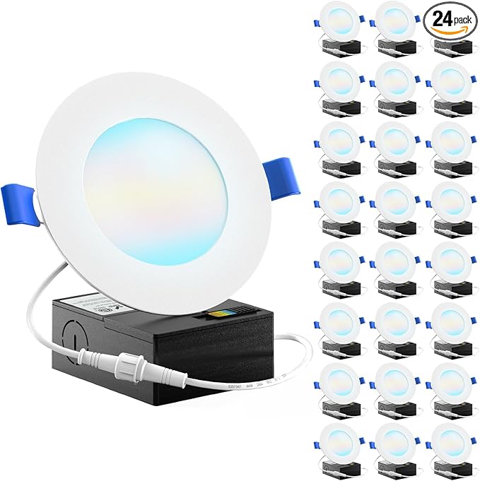 Sunco 24 Pack 4 Inch LED Recessed Lights, Canless Ceiling Light Slim, 650 LM, 10W, Selectable CCT 2700K/3000K/4000K/5000K/6000K, Dimmable, Wafer Thin, with Junction Box ETL