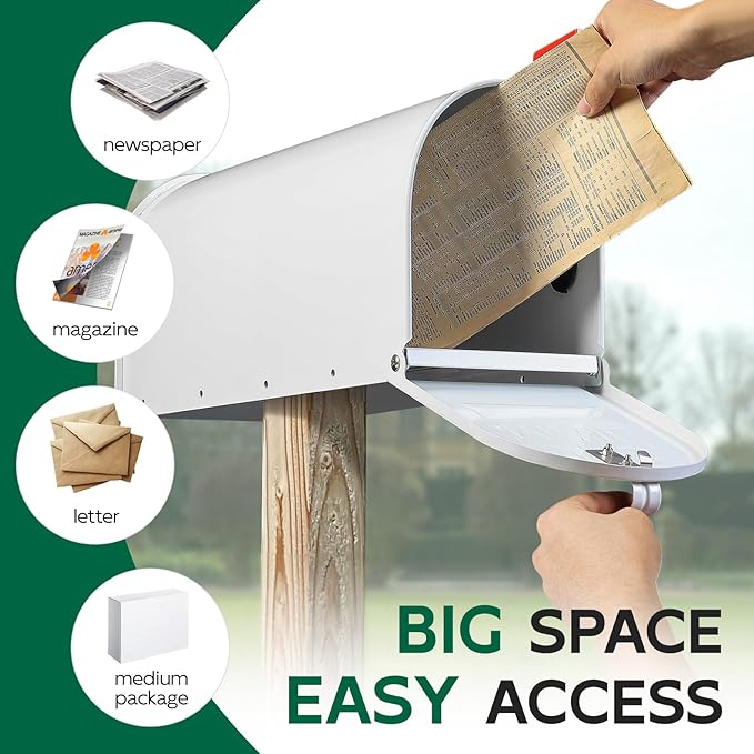 White Mailboxes for Outside Post Mount, Galvanized Steel Metal Mailbox, Standard Size, 20 x 8.7 x 6.7 Inches