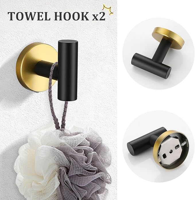 TURS Black and Gold Bathroom Hardware Set 5 Piece, SUS304 Stainless Steel Gold Black Towel Bar Set, 24 Inch Bathroom Accessories Kit Wall Mounted