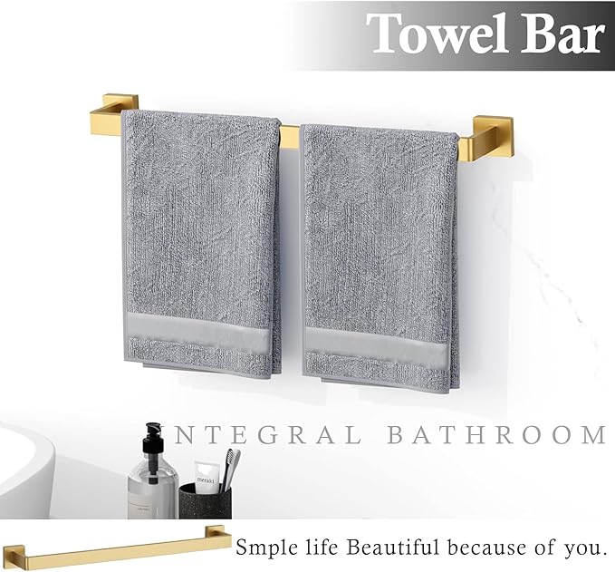 20-Piece Brushed Gold Bathroom Accessories Set – 23.6" Towel Bar, Towel Ring, Toilet Paper Holder & Hooks, Wall Mounted Bathroom Hardware, Rust & Corrosion-Resistant, Ideal for Modern Bathrooms