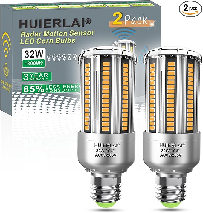 Radar Motion Sensor LED Light Bulbs, 32W Warm White 2700K 4000LM (300 Watt Equivalent) Auto Motion Detector Activated Dusk to Dawn Light for Stairway, Hallway, Porch, Garage, Driveway, Patio, 2 Pack
