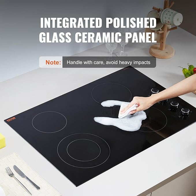 VEVOR Electric Ceramic Cooktop, Built-in Electric Stove Top, with Glass Panel, Knob Control, 11 Heat Levels, for Diverse Cooking Requirements (30inch-4burners/220V)