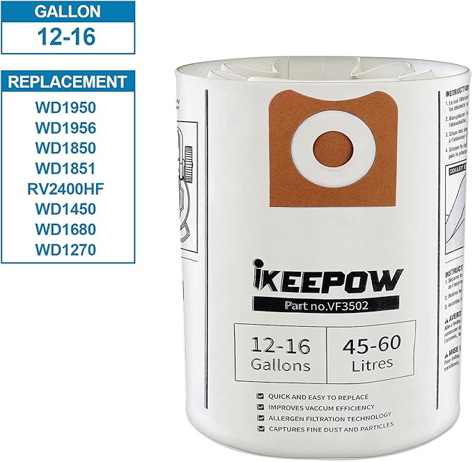 VF3502 Shop Vac Bags - Compatible with Ridgid Wet Dry Vacuum, 12-16 Gallon Replacement Filter Bags (6 Pack)