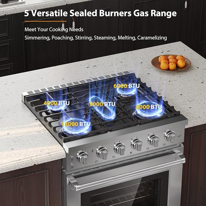 Empava Slide-in & Freestanding Gas Range Stove,4.55 Cu. Ft. Convection Oven Capacity with Mechanical Knobs Control-Heavy Duty Cast Iron Grates 5 Sealed Burners Cooktop, Stainless Steel,30 Inch