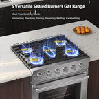 Empava Slide-in & Freestanding Gas Range Stove,4.55 Cu. Ft. Convection Oven Capacity with Mechanical Knobs Control-Heavy Duty Cast Iron Grates 5 Sealed Burners Cooktop, Stainless Steel,30 Inch