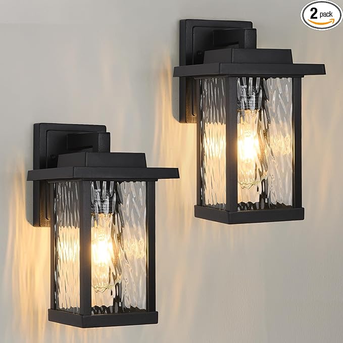 Outdoor Wall Light Fixtures, Modern Exterior Wall Mount Lanterns, Outside Wall Sconces in Black Finish with Water Ripple Glass for Porch Patio Farmhouse, 2-Pack