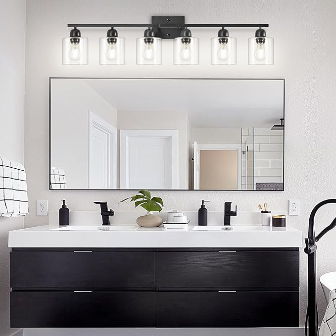 Modern 6 Light Bathroom Light Fixtures,38 inch Vanity Lights for Bathroom with Clear Glass, Black Vanity Light for Mirror Kitchen Living Room Hallway Cabinet Porch