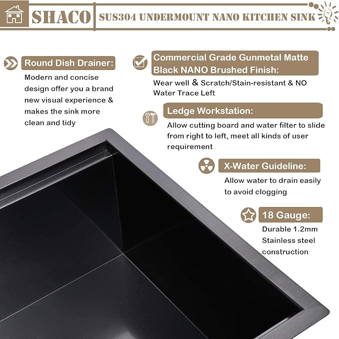 SHACO 33 Inch Black Undermount Kitchen Sink, 33x19 Gunmetal Black Stainless Steel Workstation Single Bowl Basin Wet Prep Undermount Kitchen Sink with Cutting Board