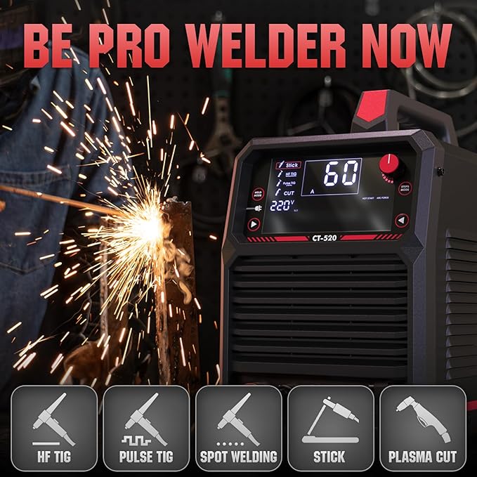 YESWELDER CT-520 Tig Welder & Plasma Cutter, 5-In-1 CUT/HF TIG/Pulse TIG/Spot Welding/Stick, 200A TIG and Stick & 50A Plasma Cutting, 110/220V Dual Voltage Multifunctional Welding Machine