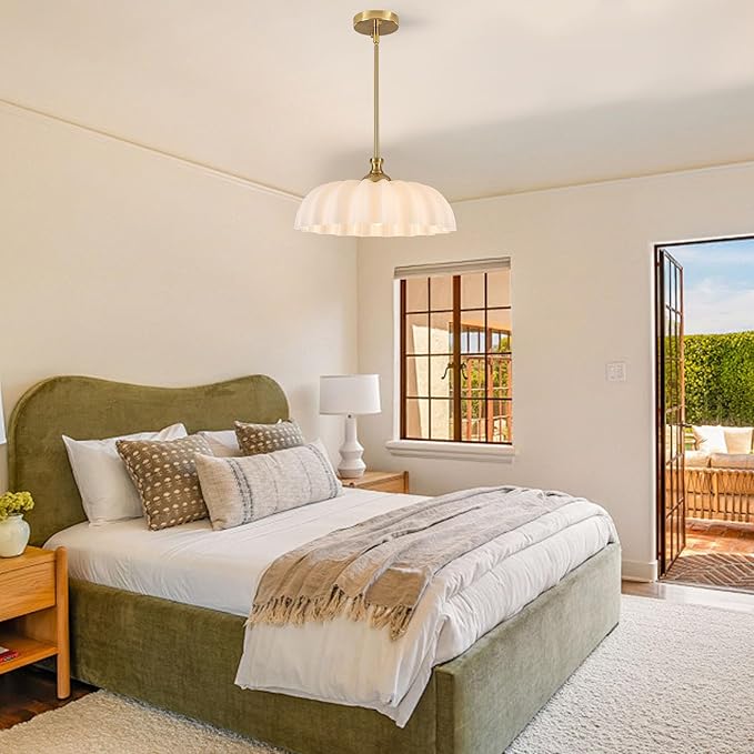 15.7" Vintage Flower Gold Chandelier - Adjustable Height White Milk Glass Shades Pendant Light Fixture for Kitchen Island, Dining Room, Bedroom