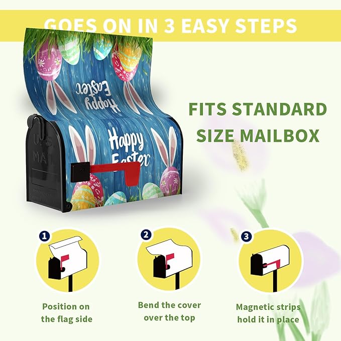 Easter Bunny Mailbox Cover Magnetic Standard Size 21 x 18 Rabbit Colorful Eggs Mailbox Covers Wraps Blue Spring Post Letter Box Cover for Home Garden Yard Decor