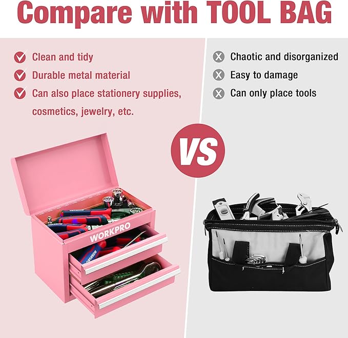 WORKPRO Mini Metal Tool Box with 2 Drawers and Top Storage, Small Tool Chest with PVC Liners and PP Feet Pads, Cold Rolled Steel Toolbox with Magnetic Tab - Pink Ribbon