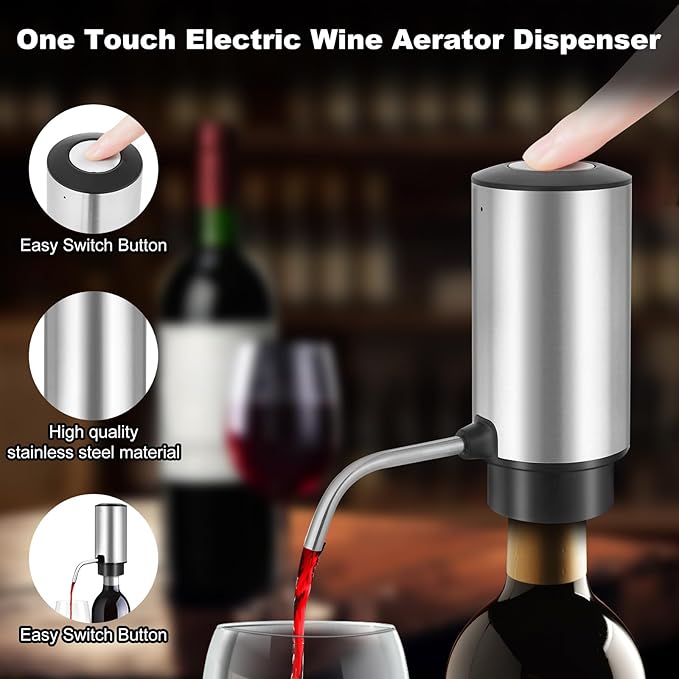 Electric Wine Opener with Electric Decanter and Aerator, Rechargeable Electric Wine Bottle Opener, Stainless Steel Wine Accessories with Foil Cutter, Electric Aerator, Vaccum Stopper