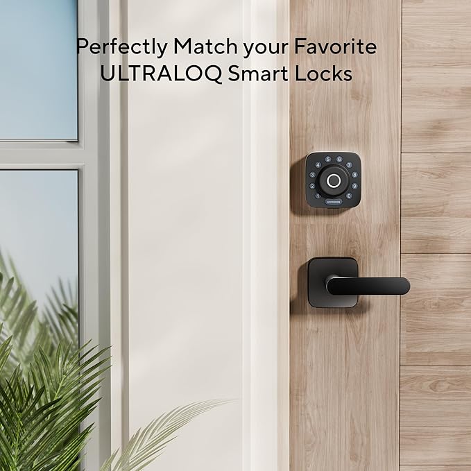 ULTRALOQ Passage Lever Door Handle, Reversible Black Front Door Handle No Lock for Interior or Exterior Door, Closet, Hallway, Adjustable Latch Backset, IP65 Waterproof, Matte Black