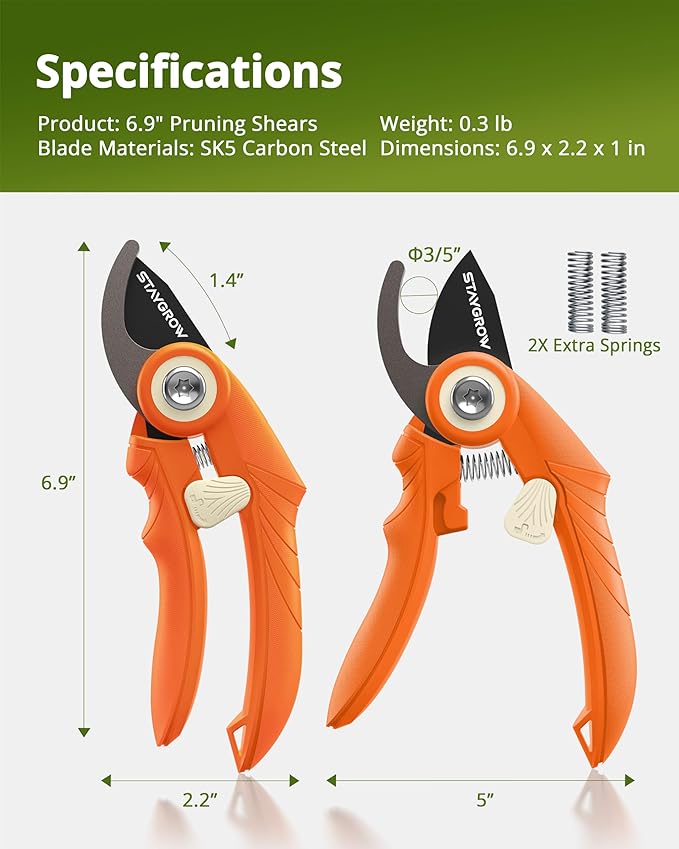 Pruning Shears, Garden Shears - 6.9" Garden Clippers, Gardening Scissors with Rust Resistant SK5 Stainless Steel Blade, Cuts 3X Easier, Weak Hand Arthritis Pruners for Gardening - Orange