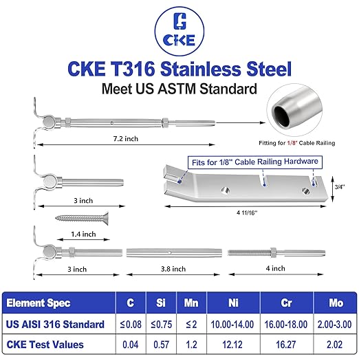 CKE 10 Pairs Cable Railing Kit 1/8" Swage Toggle Turnbuckle Hardware T316 Stainless Steel Cable Railing Hardware for Wood Post, Angle 180° Adjustable Stairs Deck Cable Railing Kit 20 Cable Lines, CR25