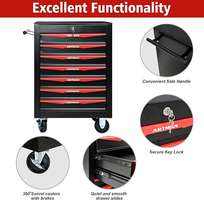 7 Drawers Rolling Tool Box on Wheels, Multifunctional Tool Chest Cabinet with Lock, Drawers Rolling Tool Cart Trolley Organizer Tool Storage Case for Warehouse,Garage,Workshop (Black&Red)