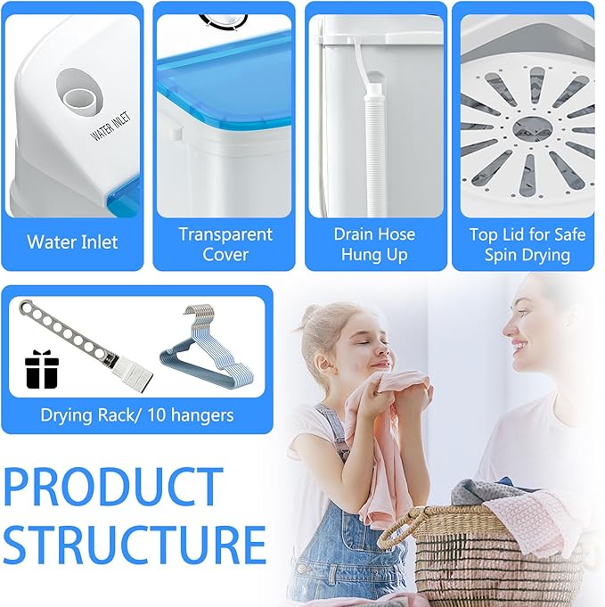 Portable Mini Twin Tub 18lbs Washing Machine With Drying Rack& 10 Hangers, 11lbs Washer & 7lbs Spinner, Small Laundry Washer with Time Control for Camping, Apartments, RV (18lbsBlue)