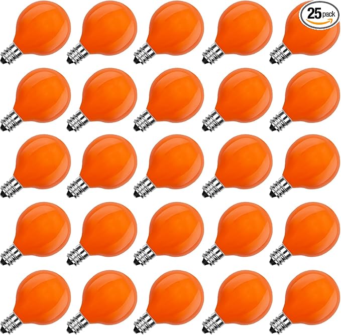 SUNSGNE G40 Orange Incandescent Replacement Light Bulbs, 25 Pack Globe Light Bulbs for E12 Outdoor String Lights, C7/E12 Candelabra Base, 5 Watt, Orange