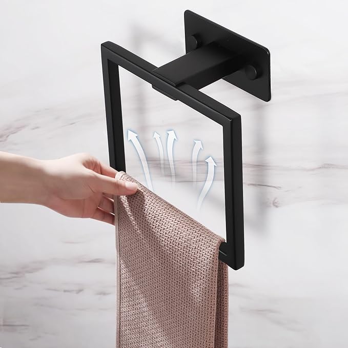 LANC Hand Towel Holder for Bathroom Wall Mount Matte Black Square Self Adhesive Hand Towel Rings for Bathroom Hardware Accessories Kitchen Toilet Stainless Steel Towel Hanger Racks, A8396MB