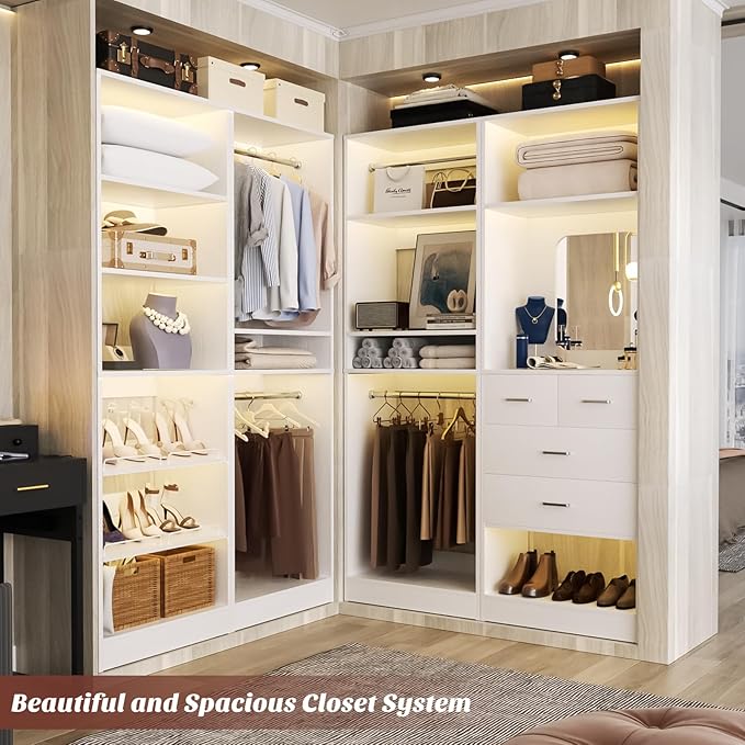 Unikito 50” Closet System with 4 Drawers, 4.2FT Wood Closet Organizer with Hanging Rods and Mirror, Reversible Small Walk in Closet Wardrobe, Adjustable Sturdy Clothes Garment Rack, Set of 2, White