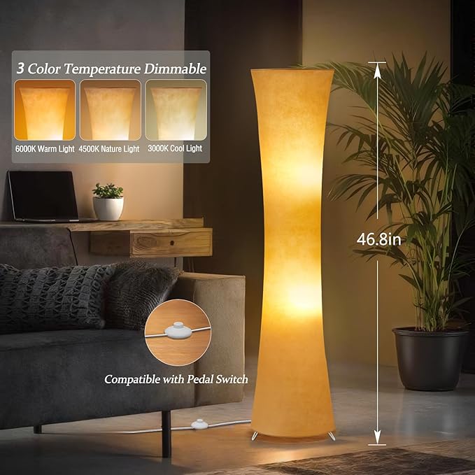 GyroVu 46" Modern Floor Lamps for Living Room, LED Column Standing Floor Lamp with 3 Color Temperature Adjustable & Fabric Lampshade for Corner, Bedroom, Office & Kid's Room - Bulbs Included