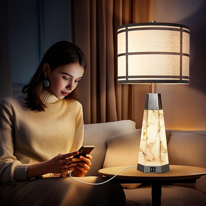 27" Natural Alabaster Table Lamps for Living Room, Bedroom Lamps Set of 2 with Night Light, Living Room Lamps with USB A+C Ports, Table Lamp with Linen Shade for Bedside (Bulbs Included)