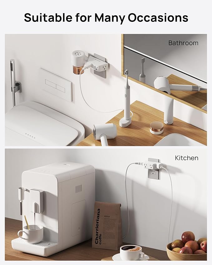 TROND Outlet Extender Surge Protector - Multi Plug Wall Outlet with 4 Grounded Sockets, 3 Way Angled Plug Adapter, 900J, Electrical Wall Splitter for Home Office Travel Dorm Room, White