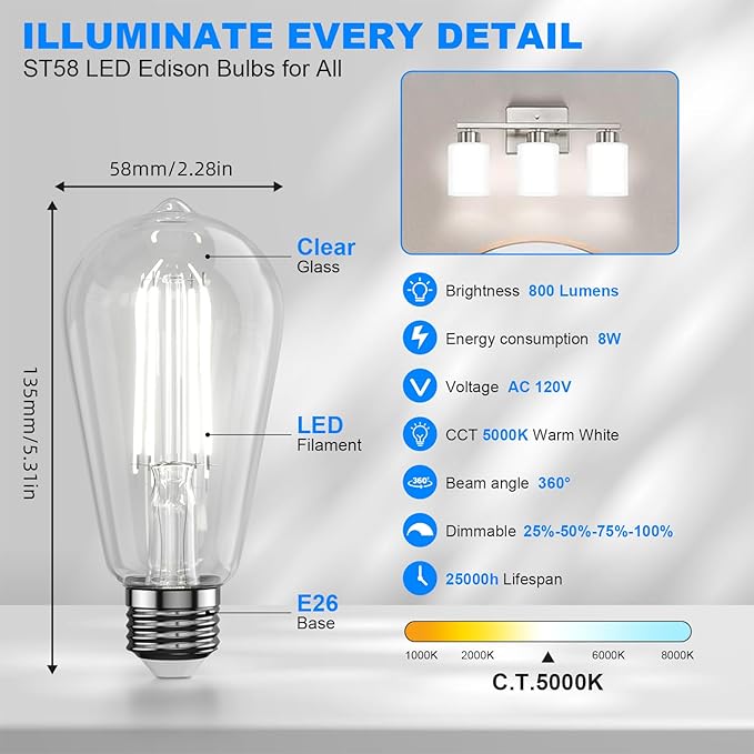 Kawaya E26 LED Edison Bulbs: 6-Pack 8W Equivalent 80W Dimmable LED Bulbs - Vintage ST58 5000k Daylight White - 800 Lumens High Brightness Bulbs with 90+ CRI - Clear Glass