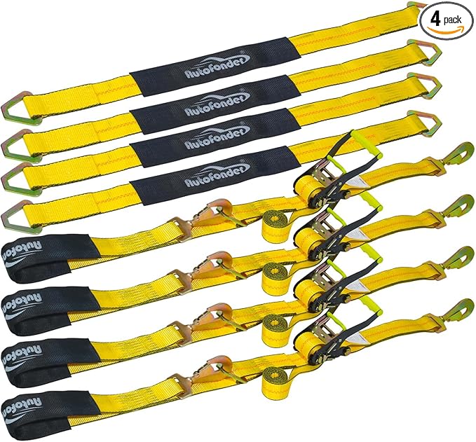 4 Pack 2” Heavy Duty Car Ratchet Tie Down Kit with Snap Hooks-Break Strength 10,000lbs-Working Load 3,333lbs-Includes 36” Axle Straps with D-Ring(Yellow)