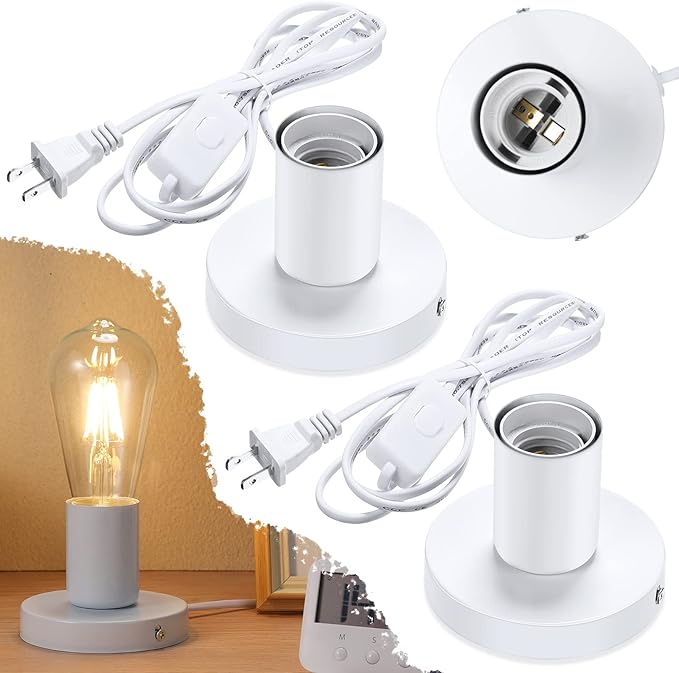 Tuanse 2 Pcs Polished Metal Desktop Lamp Base E26 E27 Screw Light Bulb Holder Sockets Night Light Base Lamp Replacement for Holding Bulb 6 Feet Cord on Off Switch Plug(White)
