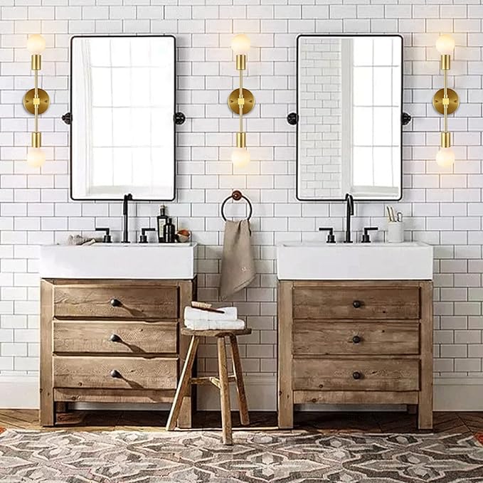 Brushed Brass Wall Sconce 2 Lights Bathroom Vanity Modern Industrial Wall Lamp Wall Mount Lighting Fixture（Gold Color）