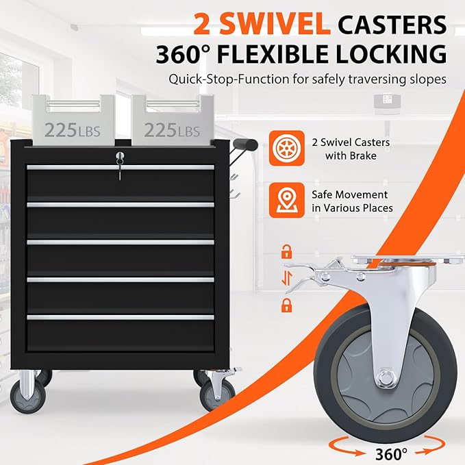 5-Drawer Rolling Tool Chest, Tool Box with 4 Wheels and Drawers, High Capacity Detachable Mobile Tool Storage Cabinet for Garage, Workshop, Mechanics and Repair Room (Black)