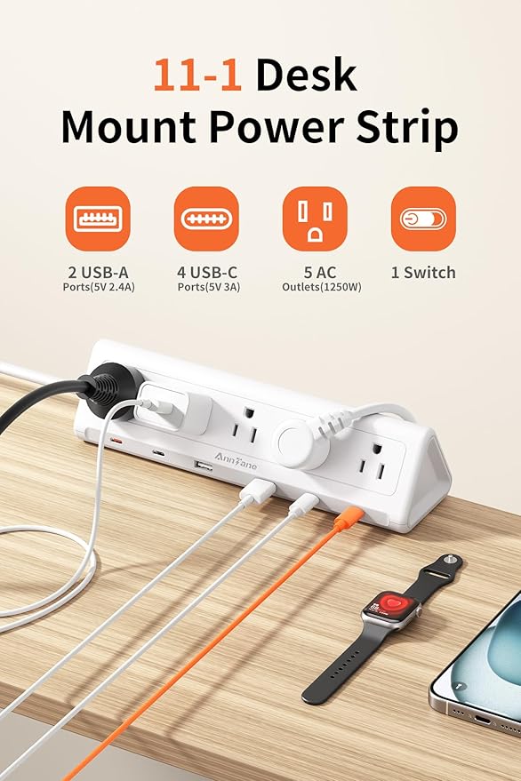 6.5 FT Desk Clamp Power Strip with 5 AC Outlets & 6 USB Ports PD 40W USB-C Fast Charging, 1250J Surge Protector, Fits 2.6 in top Edge White