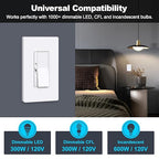 BESTTEN Super Slim Dimmer Light Switch, Quiet Rocker, Single Pole or 3 Way Dimmable Switch, Max 300W LED, CFL, 600W Incandescent, Screwless Wall Plate Included, ETL Listed, 6 Pack, White