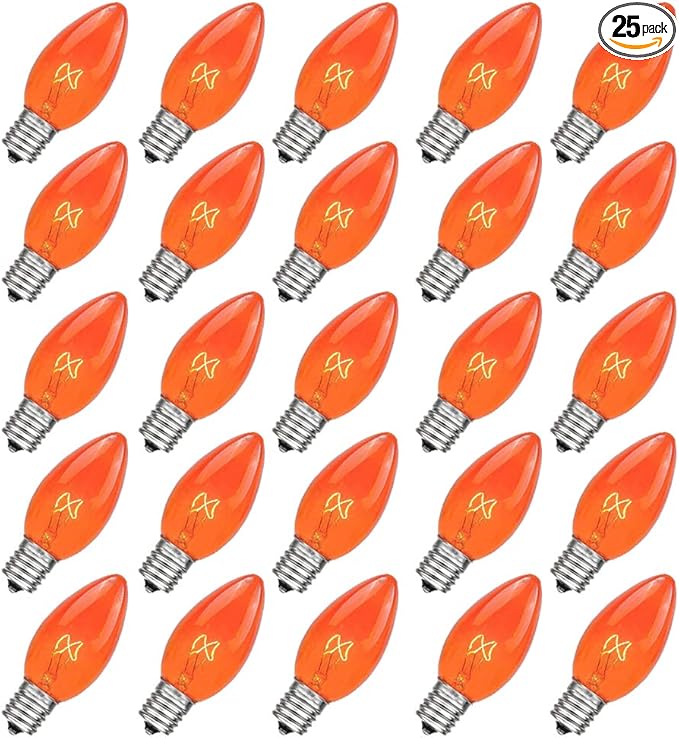 Abeja 25 Pack C7 Orange Christmas Replacement Bulbs, 5w, Ceramic Transparent Vintage Light Bulbs, Fits E12 Candelabra Base Outdoor String Lights, for Holiday Christmas Tree Decor Carnival Party