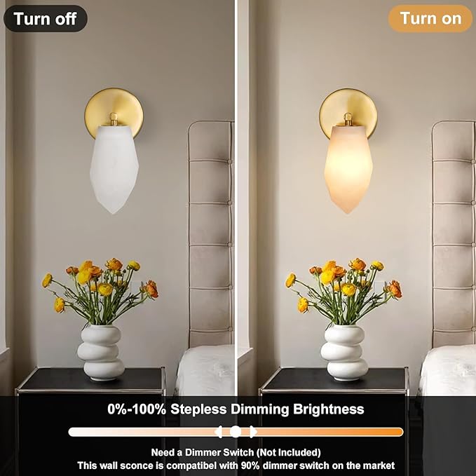 Alabaster Wall Sconces Set of Two, Spanish Marble Wall Lamp, Modern Wall Sconce for Living Room, Hardwired Wall Lighting for Bedroom, Wall Light for Bathroom Hallway Stairs, Gold