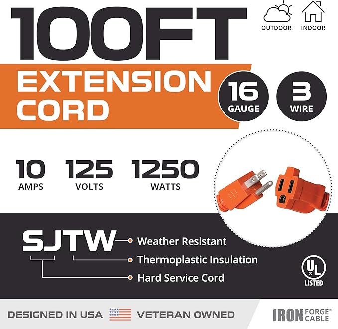 IRON FORGE CABLE 100 Ft Orange Extension Cord - 16/3 SJTW Heavy Duty Outdoor Extension Cable with 3 Prong Grounded Plug for Safety - Great for Garden & Major Appliances