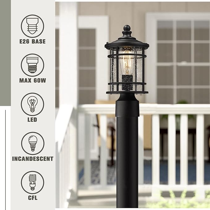 Emliviar Outdoor Post Lights 2 Pack - 12.5 Inch Modern Farmhouse Post Lamps with Seeded Glass in Black Finish, XE229P-S-2PK BK