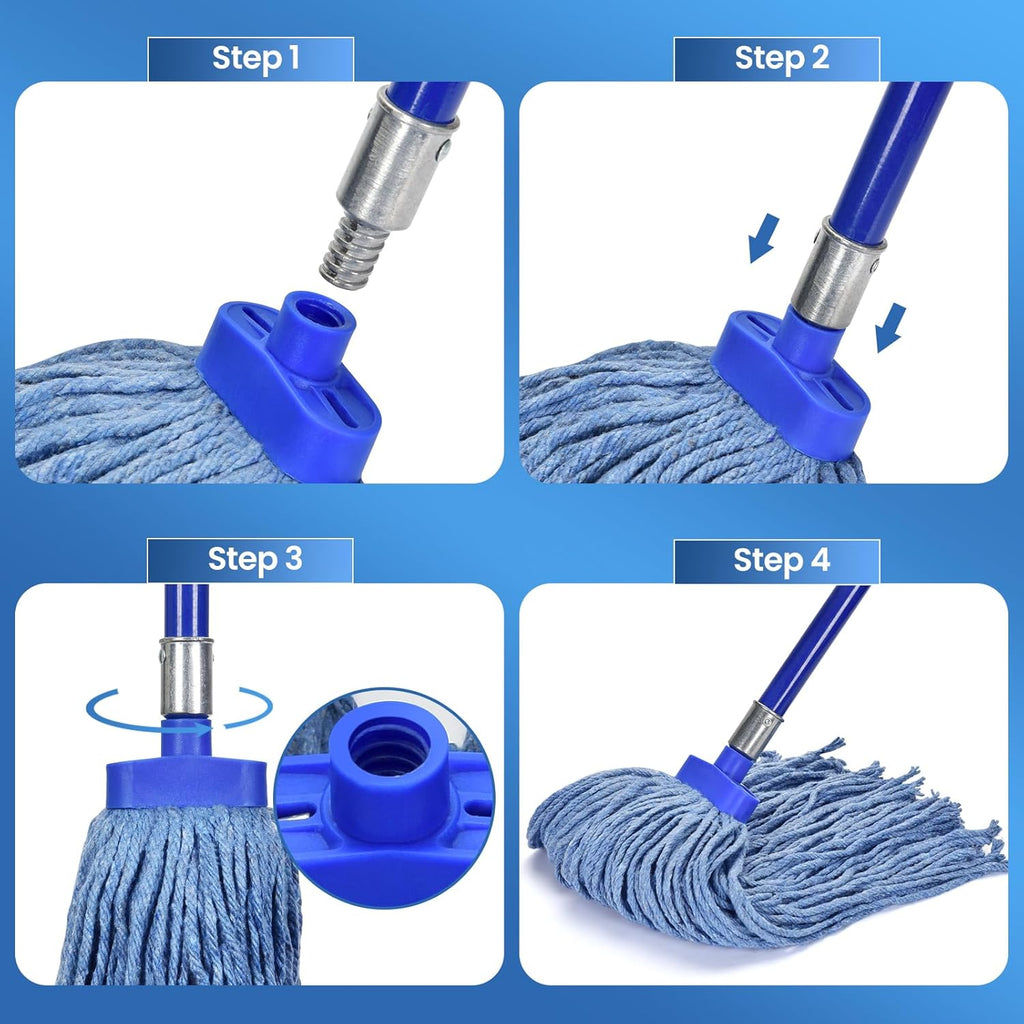 Matthew Cleaning Screw-on Heavy Duty Cotton Wet Mop Replacement Heads(Blue, Medium,3Pack) for Residential & Commercial Floor Cleaning Use- Fit Standard American Screw