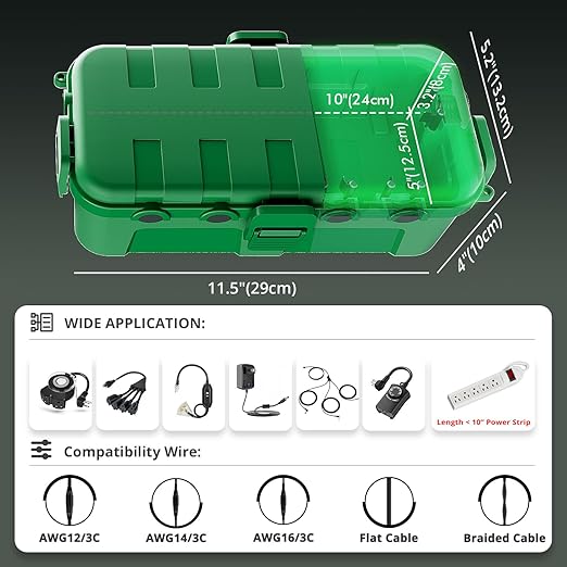 QUOBAS 2 Pack Outdoor Waterproof Electrical Box with 6 Cable Ports, IP54 Weatherproof Heavy-Duty Extension Cord Cover for Power Strips, Garden Power Tools, Holiday Lights, Green