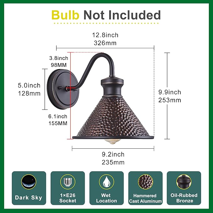 Gooseneck Outdoor Wall Sconce 1-Light E26 Socket Farmhouse Wall Mount Porch & Patio Lights,9.3Inch Width Casting Aluminum Shade,Oil Rubbed Bronze,Easily Installed in Outdoor and Indoor.