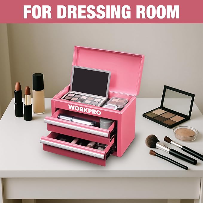 WORKPRO Metal Mini Tool Box, Top Tool Chest containing Two Drawers with Ball Bearing Slides, PVC Drawer Liners and PP Feet Pads, Cold Rolled Steel Small Toolbox for Multi-Purpose Storage - Pink Ribbon
