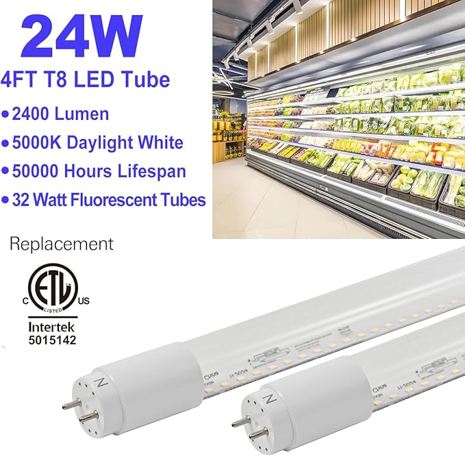 20 Pack 4FT LED T8 Type A+B Tube Lights, 24W, 5000K, Single or Double End Powered, Plug and Play or Ballast Bypass, 4 Foot T10 T12 Fluorescent Bulbs Replacement, Clear Cover