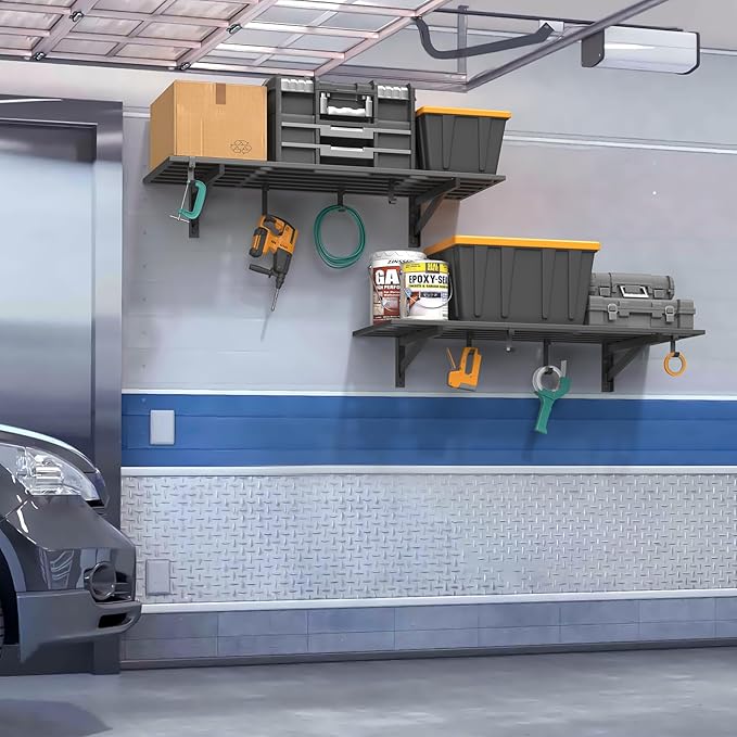 2-Pack 1.5x4ft Garage Shelving Wall Mounted, 1.5' x 4' Heavy Duty Garage Storage Shelves with Hooks, 400LB Capacity