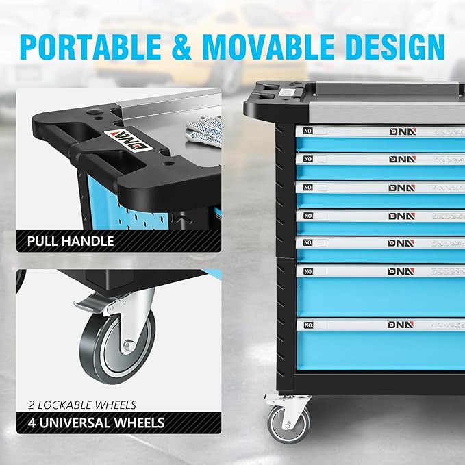 DNA MOTORING 7-Drawer Rolling Tools Chest, Rolling Tool Storage Cabinet, Heavy Duty Mechanic Tool Cart, Trolley Organizer for Garage, Warehouse, Workshop, Blue, TOOLS-00482