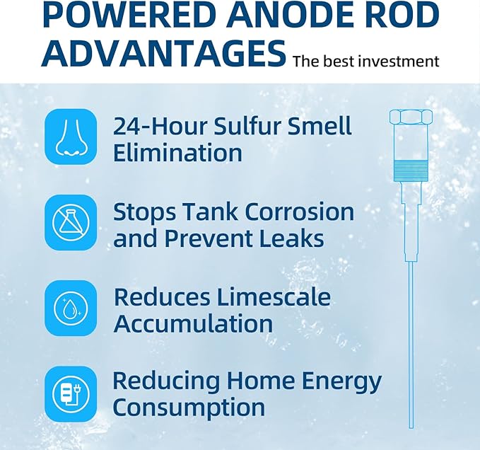 Powered Anode Rod for Hot Water Heater, Hex-Head Style Electrical Anode Rod for 40-120 Gallon Tank, Eliminates Rotten Egg Smell,Anti-Rust and Corrosion