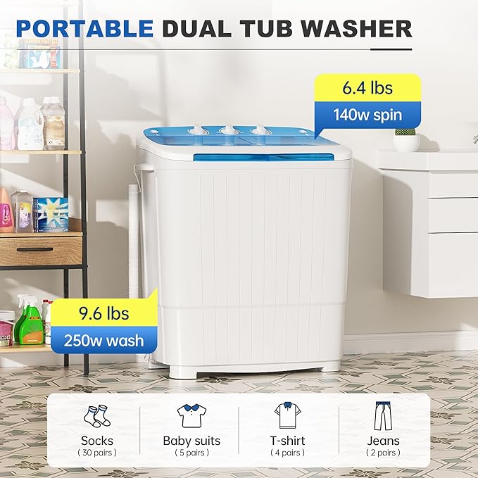 Superday Portable Washing Machine, 17.6lbs Small Washing Machine and Spin Dryer Combo, Mini Twin Tub Laundry Machine for Camping, Apartments, Dorms, College Rooms, RV, Delicates, Blue