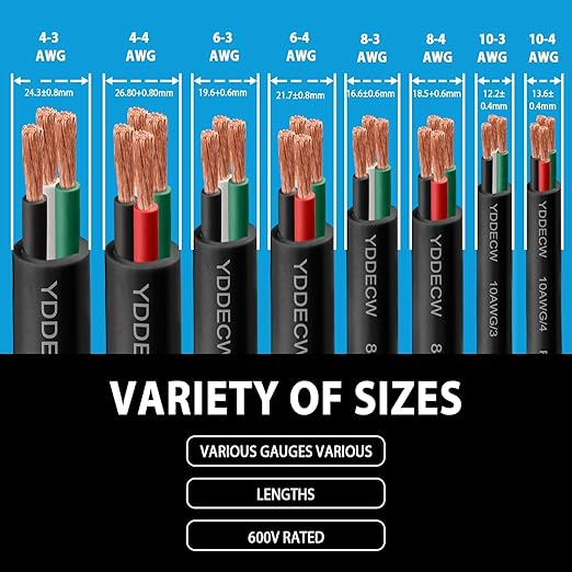 10ft 4/3 4 AWG Portable Power Cable (3 Conductor) - SOOW 600V 4 Gauge Electric Wire for Motor Leads, Portable Lights, Battery Chargers and Machinery - 3 Conductor - 10 Feet Electrical Cord